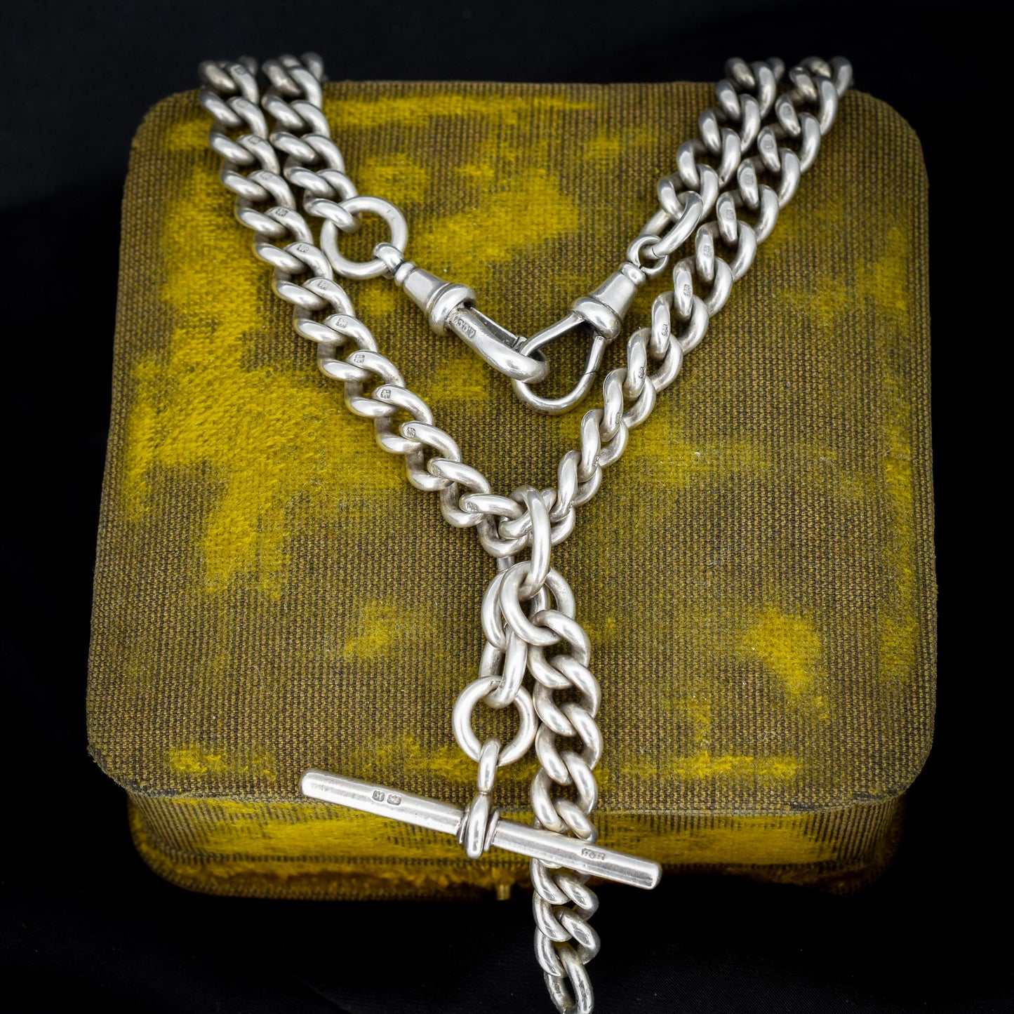 Antique Sterling Silver Curb Link Slider Double Albert Watch Chain – 17.25"