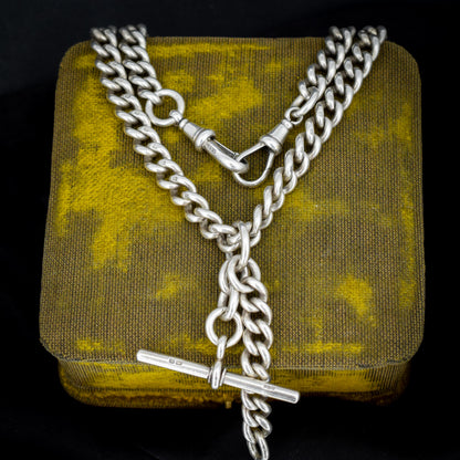 Antique Sterling Silver Curb Link Slider Double Albert Watch Chain – 17.25"