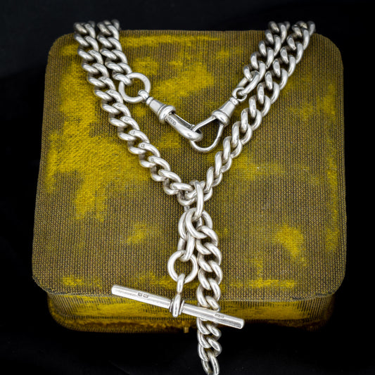 Antique Sterling Silver Curb Link Slider Double Albert Watch Chain – 17.25"