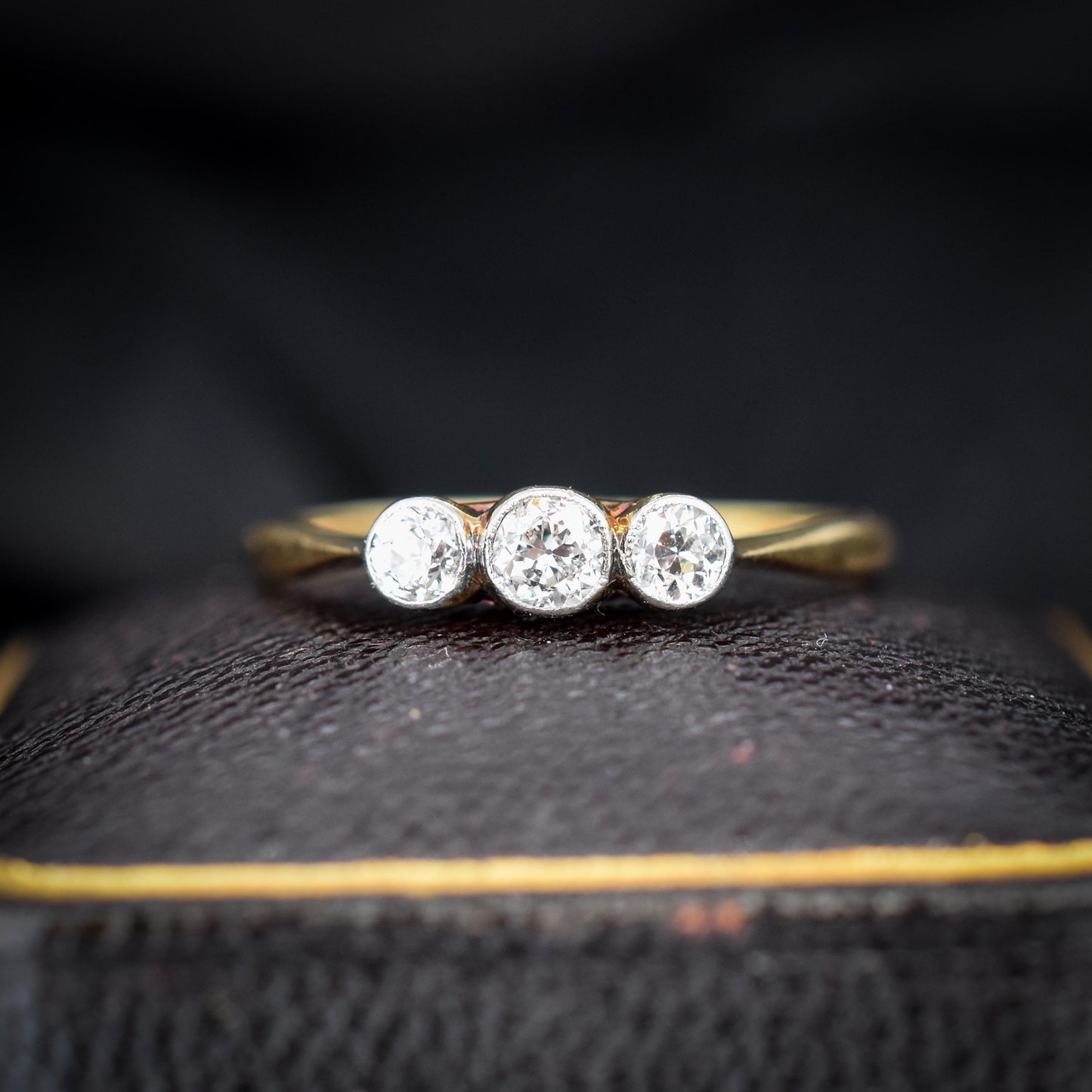 Antique Old Cut Diamond Bezel Set Three Stone Trilogy 18ct Yellow Gold Ring