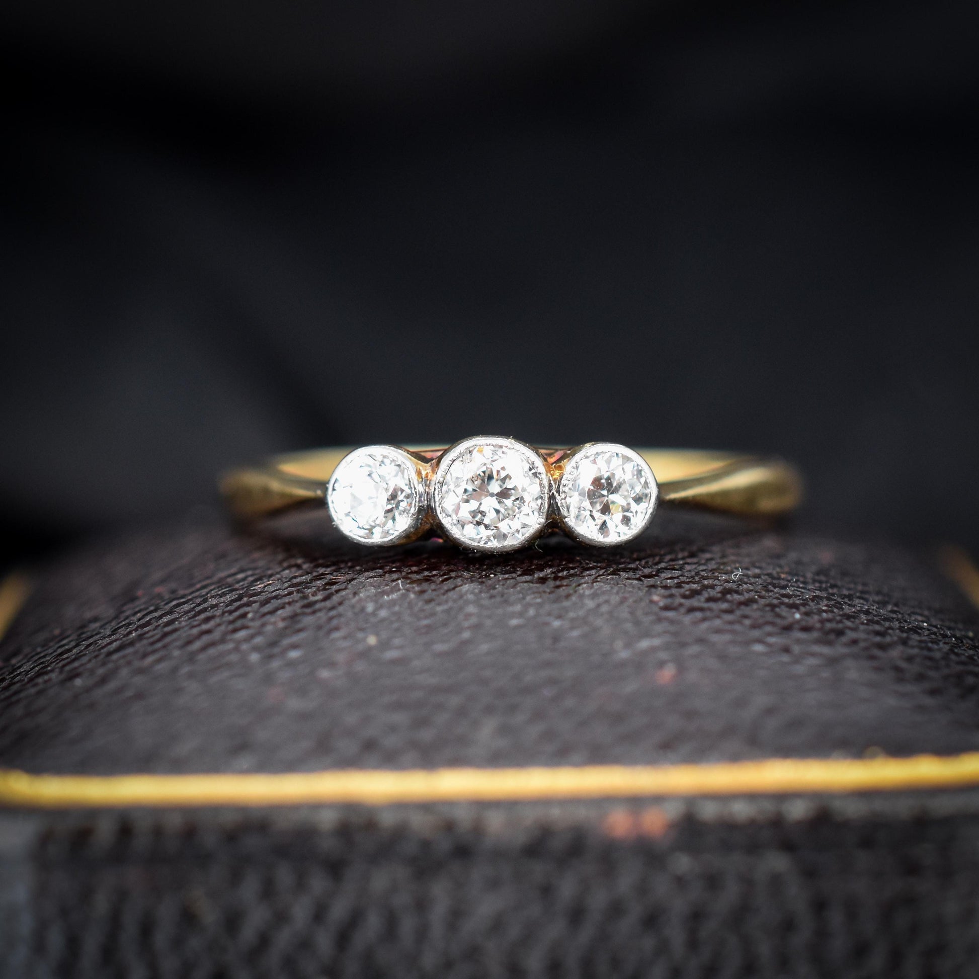 Antique Old Cut Diamond Bezel Set Three Stone Trilogy 18ct Yellow Gold Ring