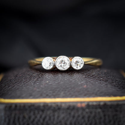 Antique Old Cut Diamond Bezel Set Three Stone Trilogy 18ct Yellow Gold Ring