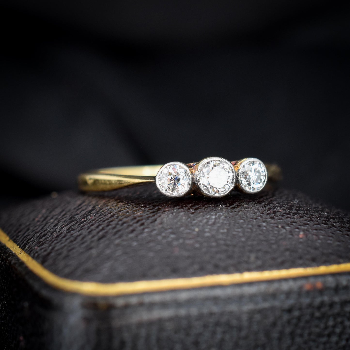 Antique Old Cut Diamond Bezel Set Three Stone Trilogy 18ct Yellow Gold Ring