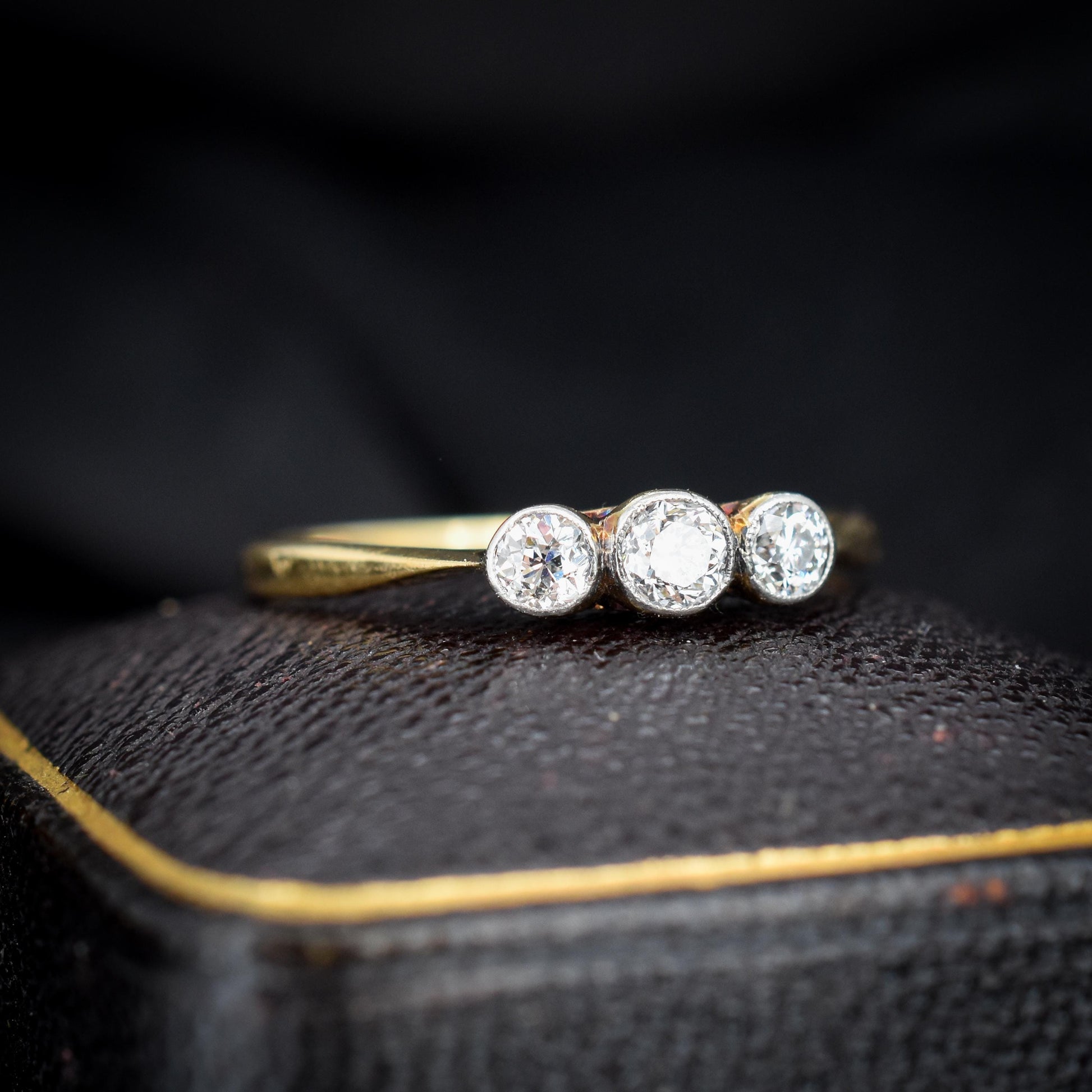Antique Old Cut Diamond Bezel Set Three Stone Trilogy 18ct Yellow Gold Ring