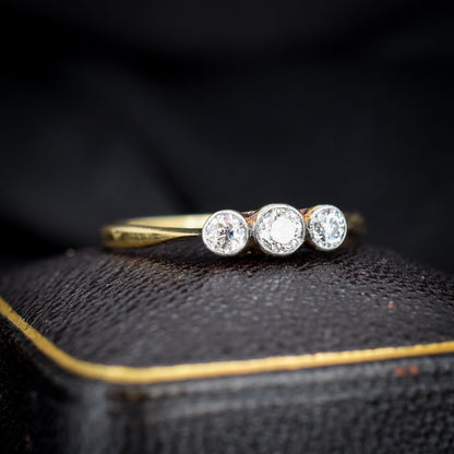 Antique Old Cut Diamond Bezel Set Three Stone Trilogy 18ct Yellow Gold Ring