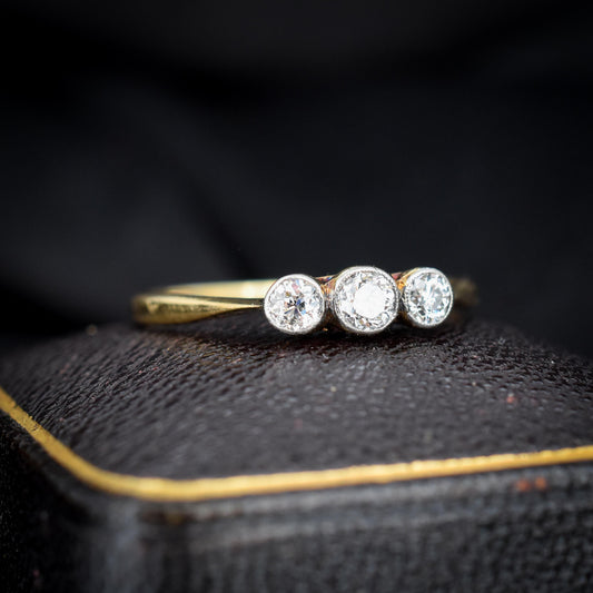 Antique Old Cut Diamond Bezel Set Three Stone Trilogy 18ct Yellow Gold Ring