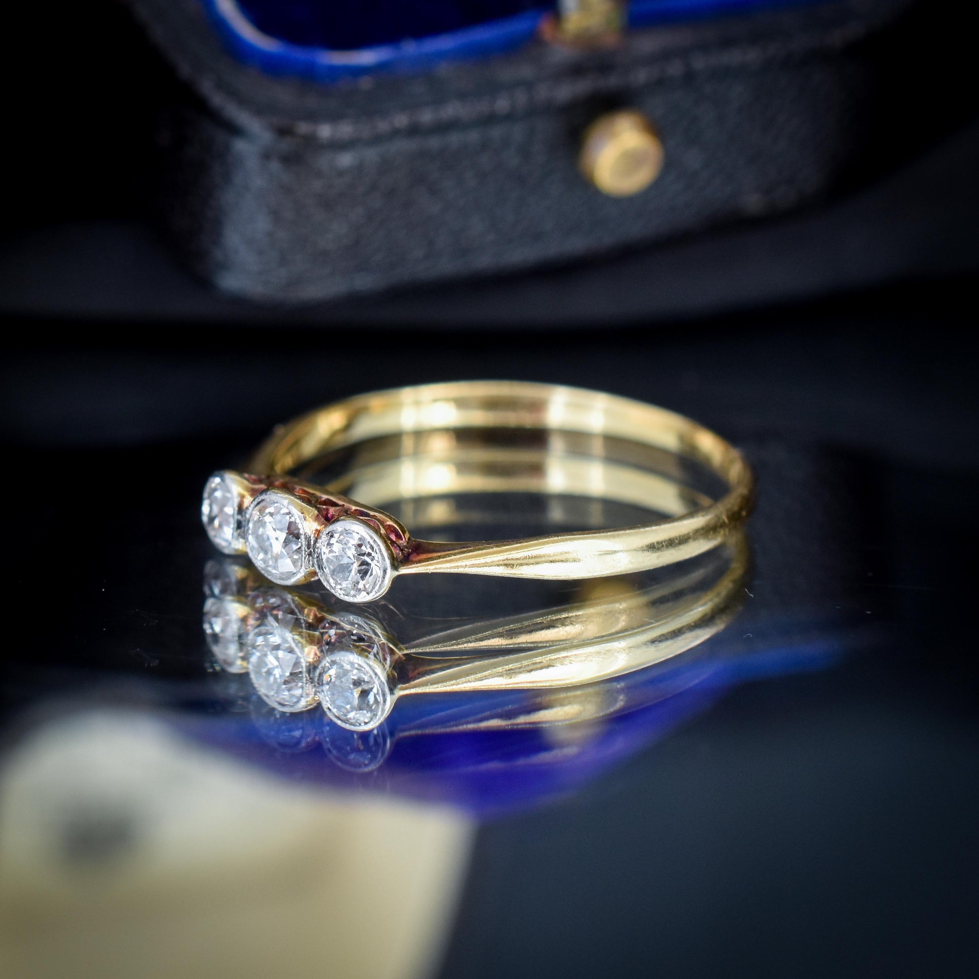 Antique Old Cut Diamond Bezel Set Three Stone Trilogy 18ct Yellow Gold Ring