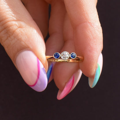 Antique Blue Sapphire and Old Cut Diamond Three-Stone Trilogy 18ct Gold Ring
