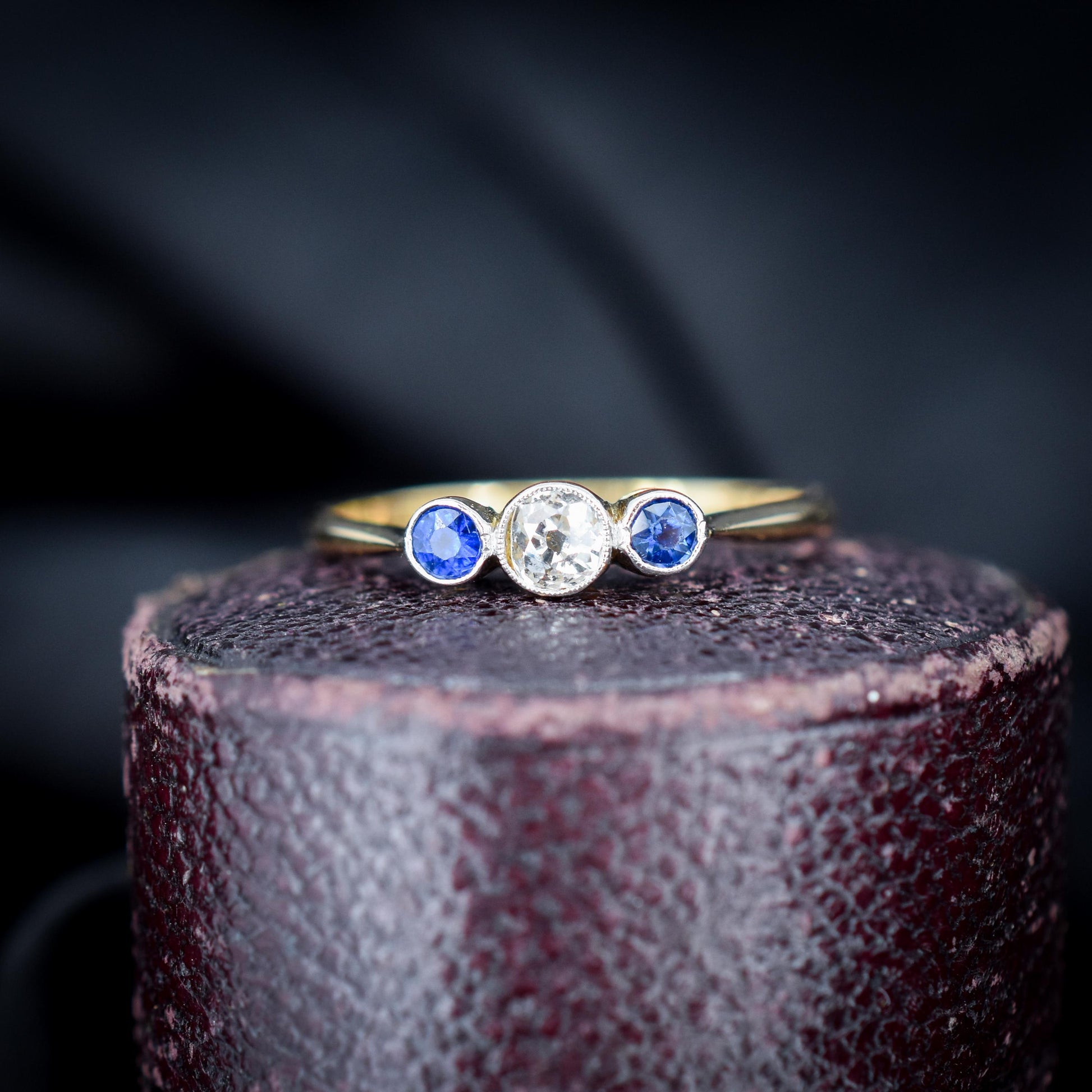 Antique Blue Sapphire and Old Cut Diamond Three-Stone Trilogy 18ct Gold Ring