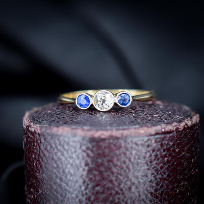Antique Blue Sapphire and Old Cut Diamond Three-Stone Trilogy 18ct Gold Ring