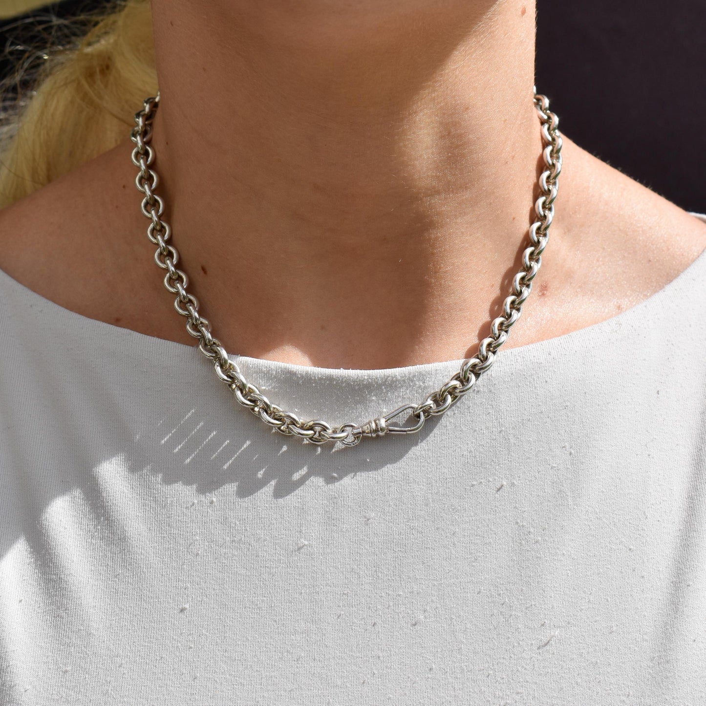 Vintage Sterling Silver Oval Cable Link Chain Necklace with Dog Clip – 16"