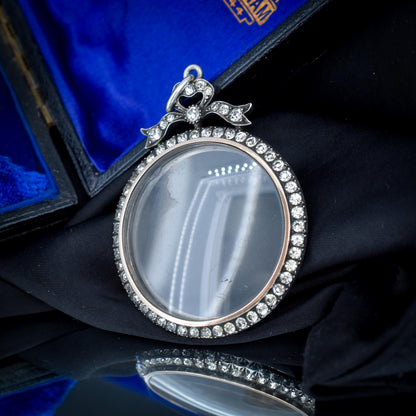 Antique Edwardian Old Cut Paste Silver Glass Shaker Bow Locket Pendant | Circa. 1905