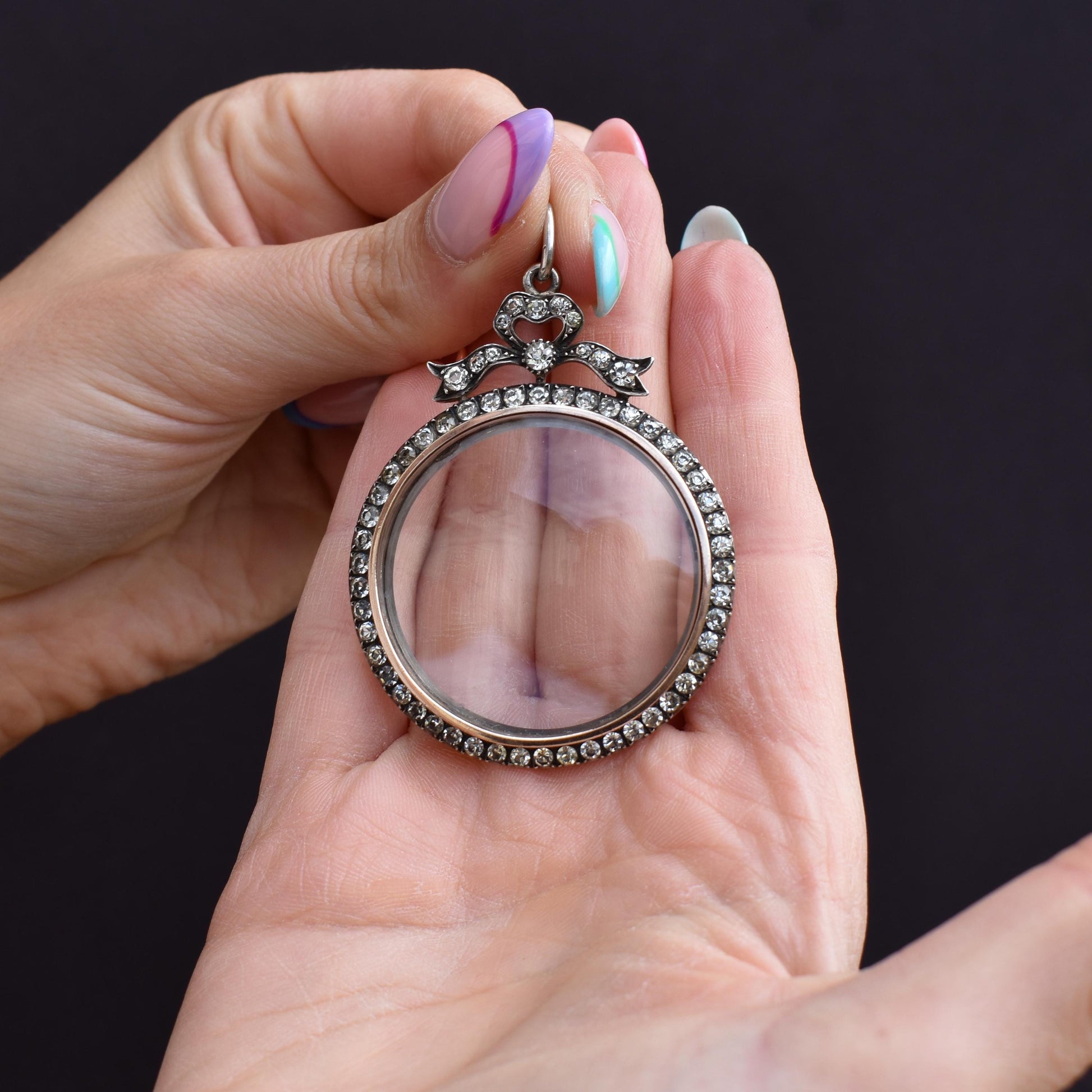 Antique Edwardian Old Cut Paste Silver Glass Shaker Bow Locket Pendant | Circa. 1905