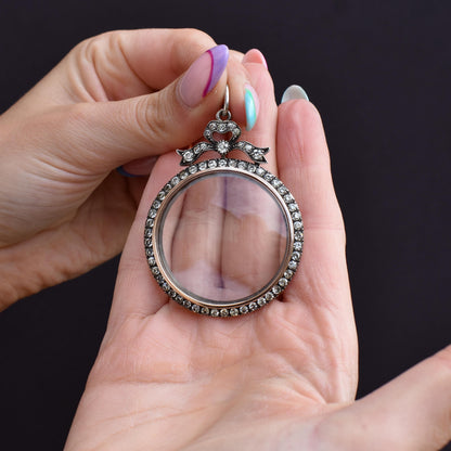 Antique Edwardian Old Cut Paste Silver Glass Shaker Bow Locket Pendant | Circa. 1905