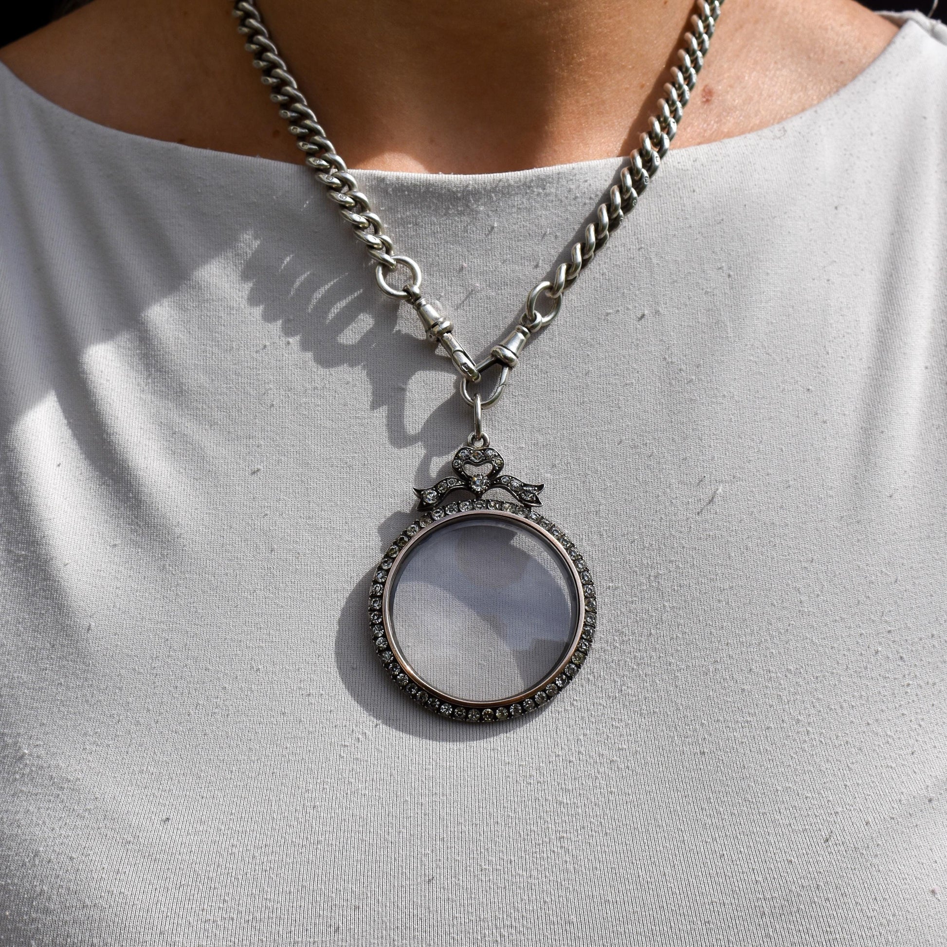 Antique Edwardian Old Cut Paste Silver Glass Shaker Bow Locket Pendant | Circa. 1905