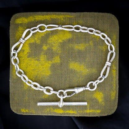 Antique Fancy Link Sterling Silver Bracelet with Dog Clip and T-bar drop