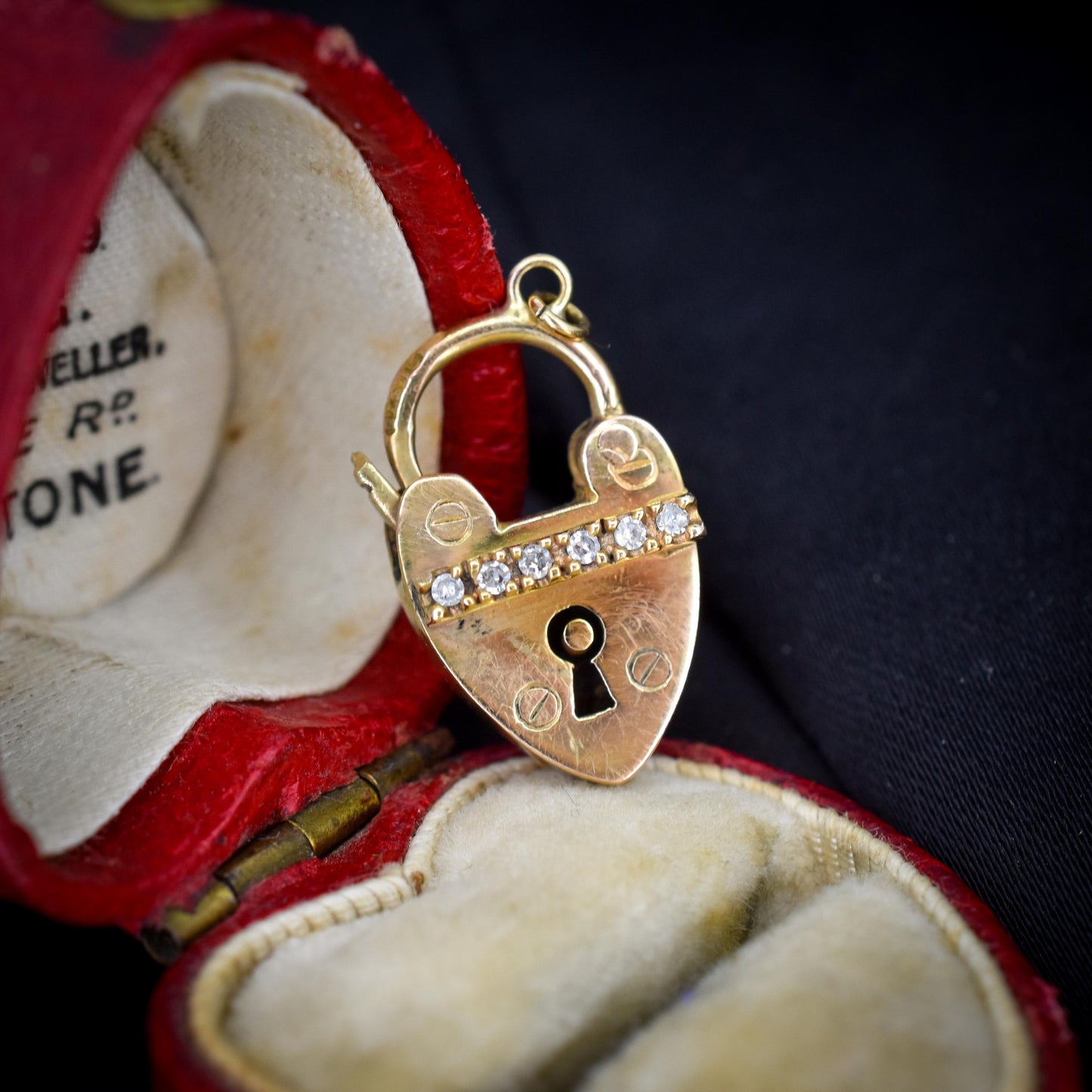 Antique '1908' 9ct Gold Diamond Heart Padlock Charm Pendant