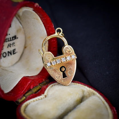 Antique '1908' 9ct Gold Diamond Heart Padlock Charm Pendant