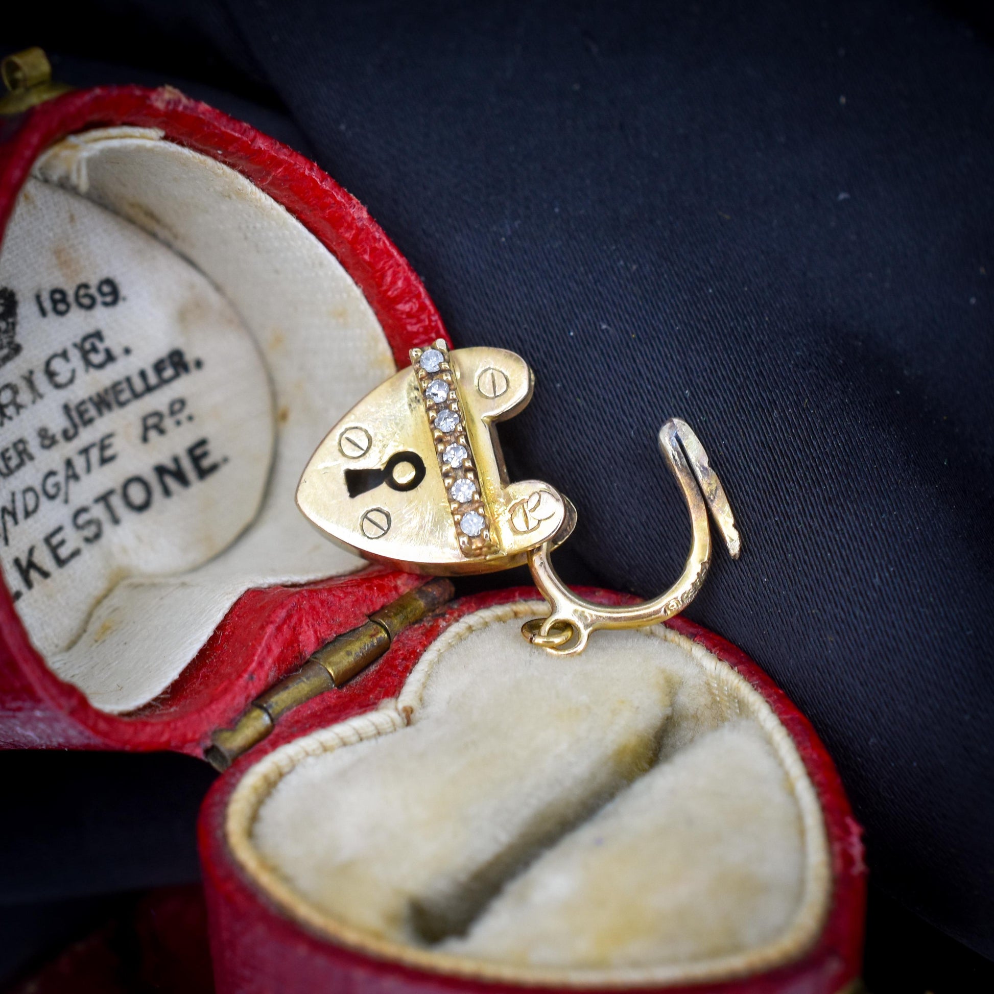 Antique '1908' 9ct Gold Diamond Heart Padlock Charm Pendant