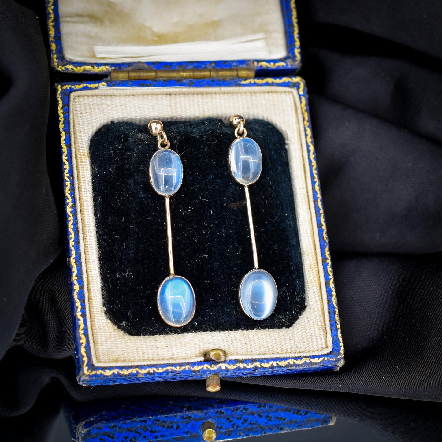 Antique Moonstone 9ct Gold Bezel Drop Dangle Earrings