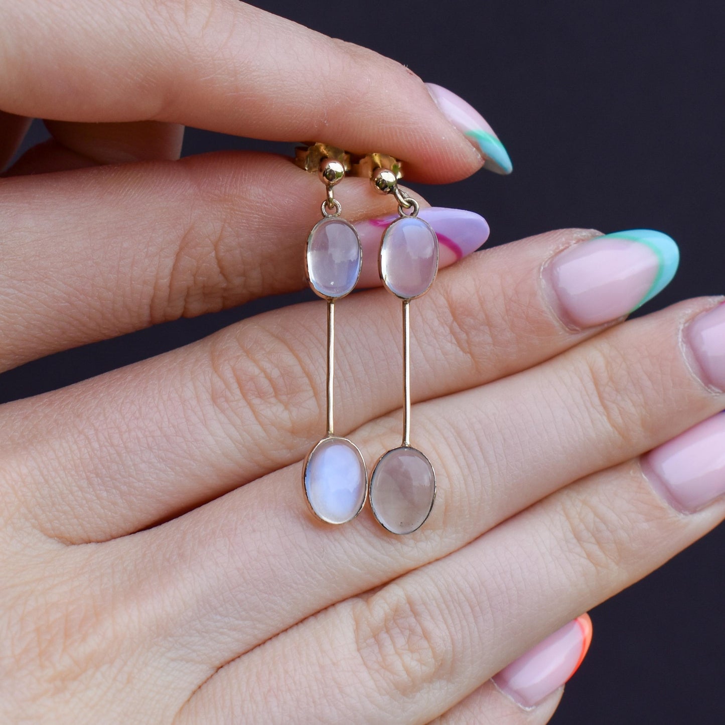 Antique Moonstone 9ct Gold Bezel Drop Dangle Earrings