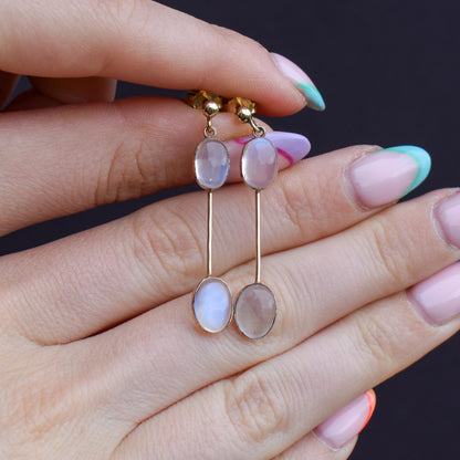 Antique Moonstone 9ct Gold Bezel Drop Dangle Earrings