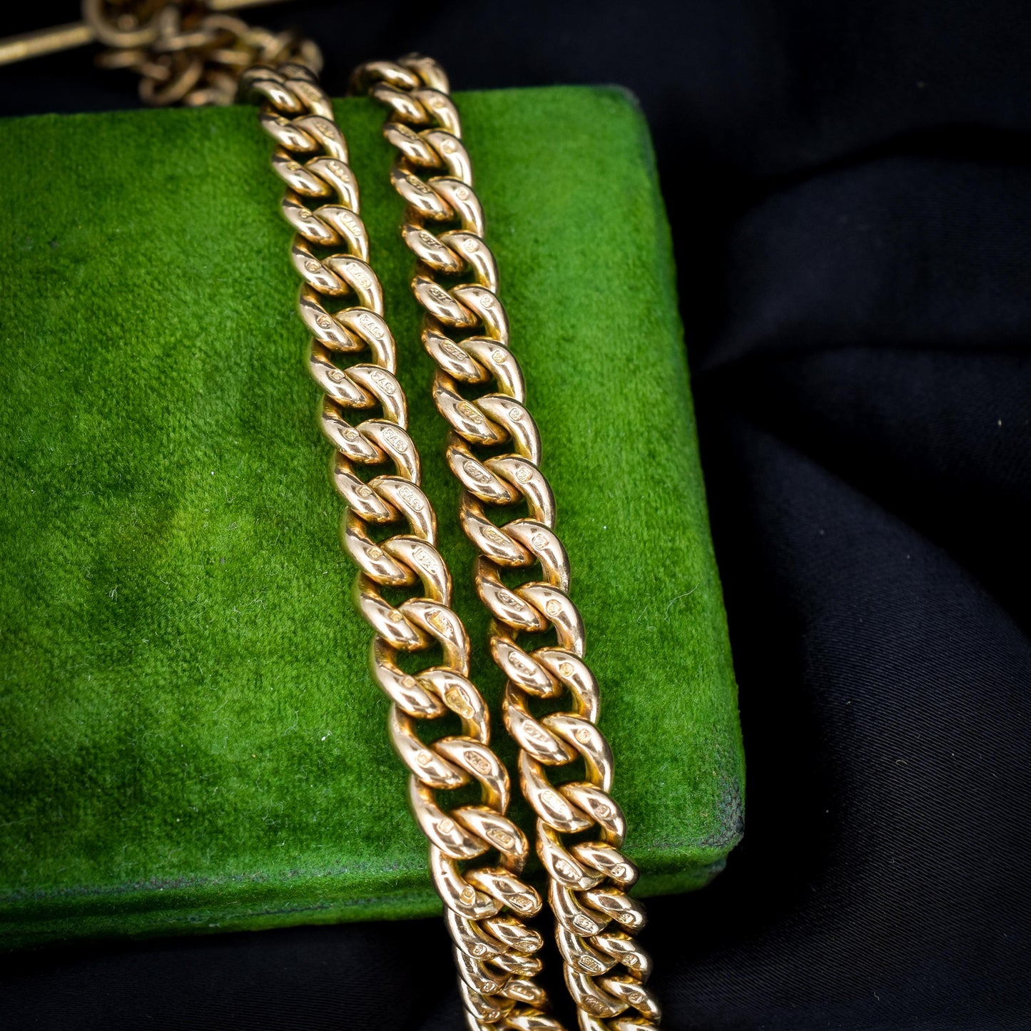 Antique 15.75" 9ct Gold Double Dog Clip Albert Curb Watch Chain Necklace