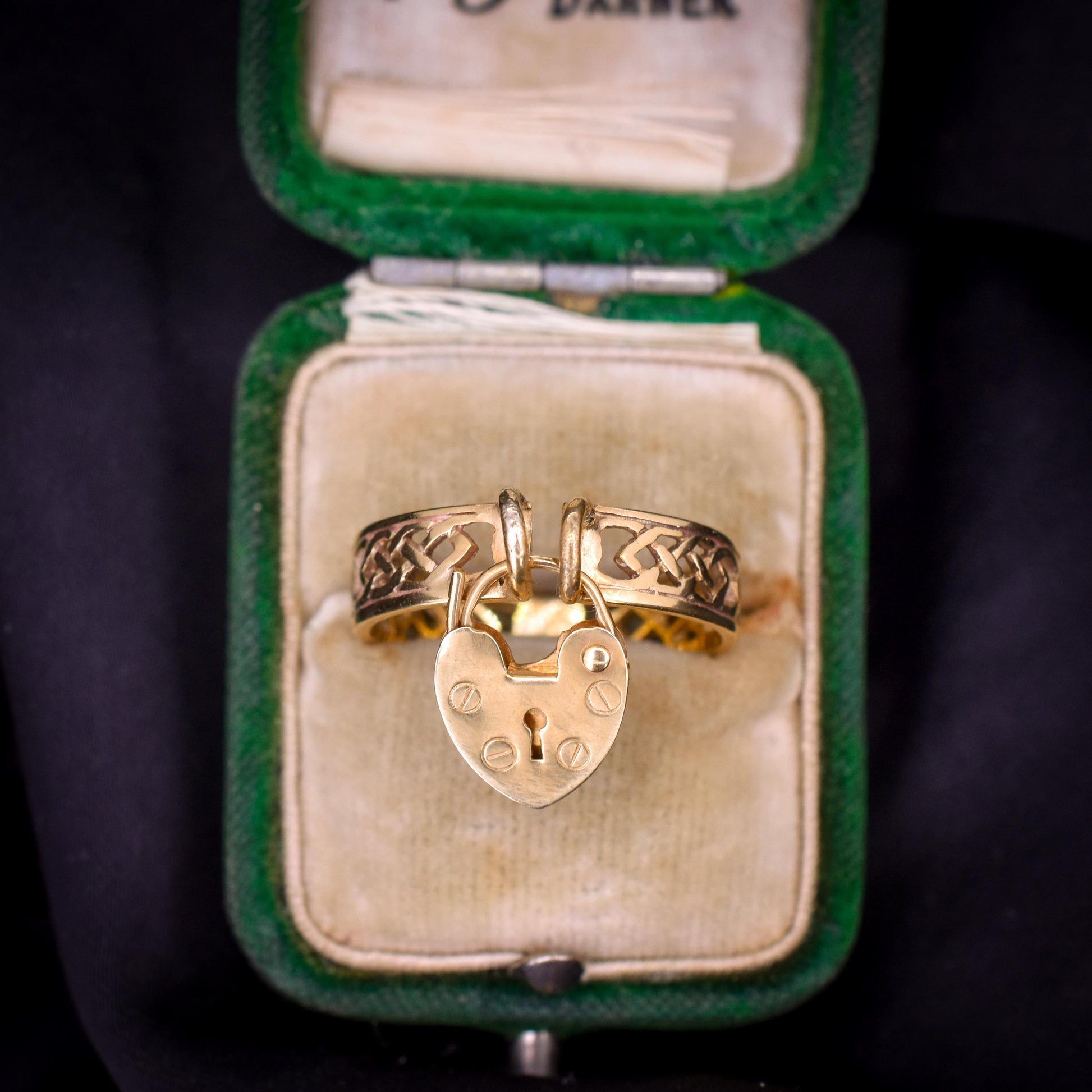 Vintage Fancy Celtic Heart Padlock Drop 9ct Yellow Gold Band Ring