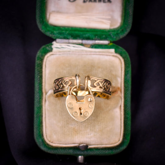 Vintage Fancy Celtic Heart Padlock Drop 9ct Yellow Gold Band Ring