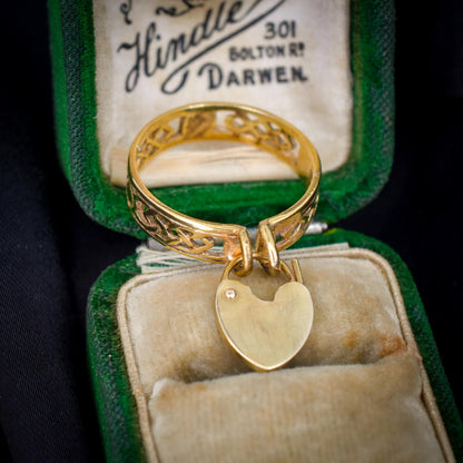 Vintage Fancy Celtic Heart Padlock Drop 9ct Yellow Gold Band Ring
