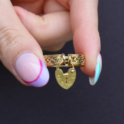 Vintage Fancy Celtic Heart Padlock Drop 9ct Yellow Gold Band Ring