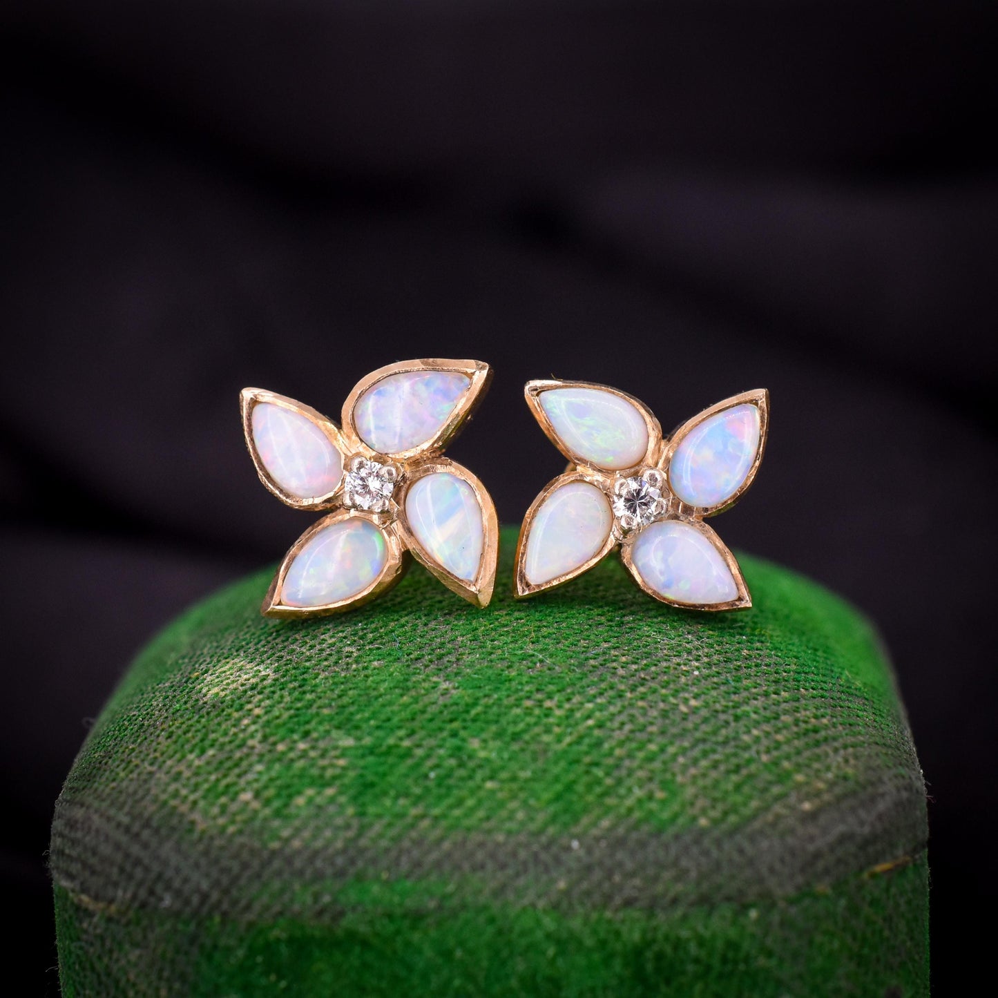Vintage Opal and Diamond Flower Gold Stud Earrings, Studs