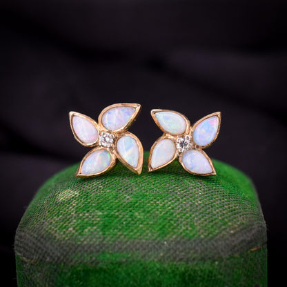 Vintage Opal and Diamond Flower Gold Stud Earrings, Studs