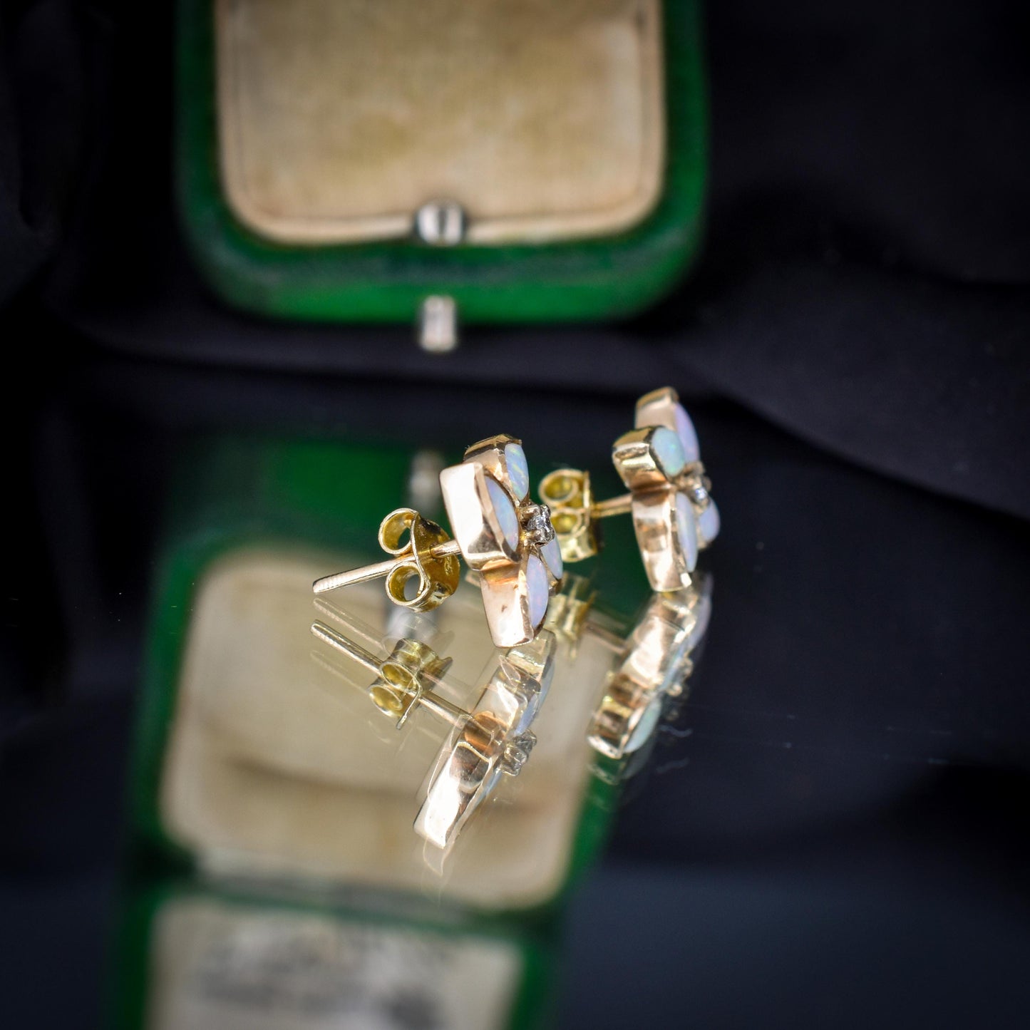 Vintage Opal and Diamond Flower Gold Stud Earrings, Studs
