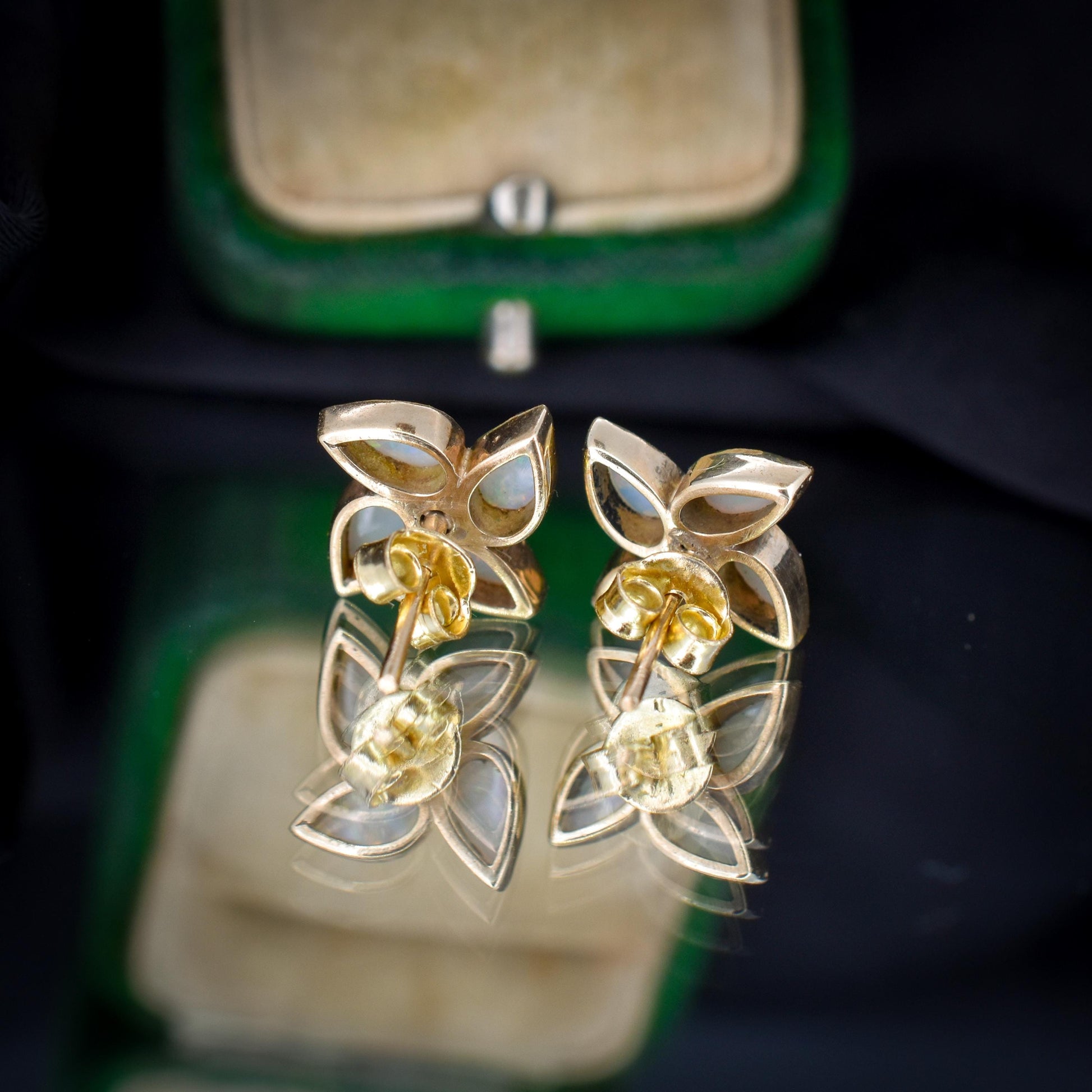 Vintage Opal and Diamond Flower Gold Stud Earrings, Studs