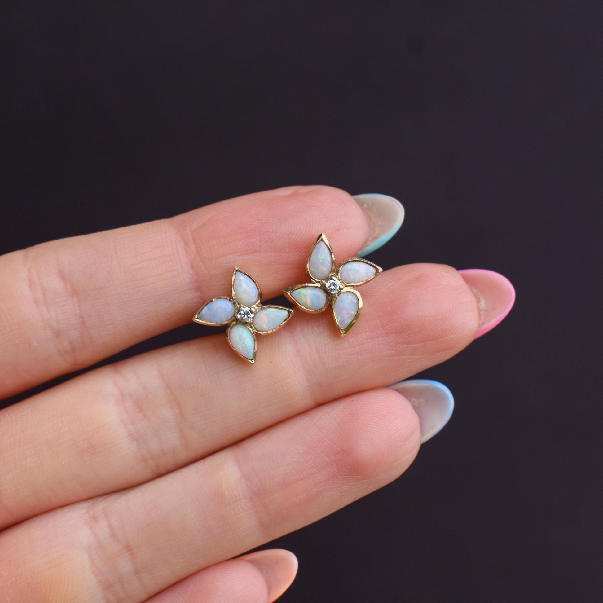 Vintage Opal and Diamond Flower Gold Stud Earrings, Studs