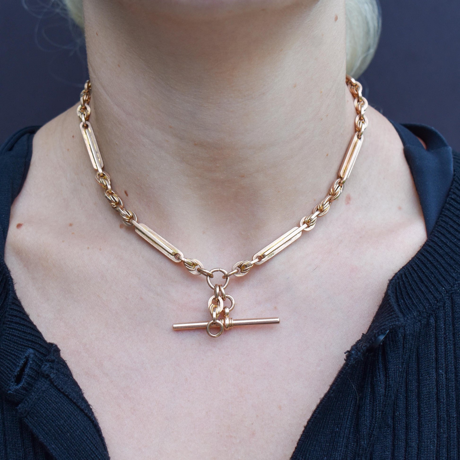 Antique '1924' 15" 9ct Gold Love Knot Link Double Albert Watch Chain Necklace