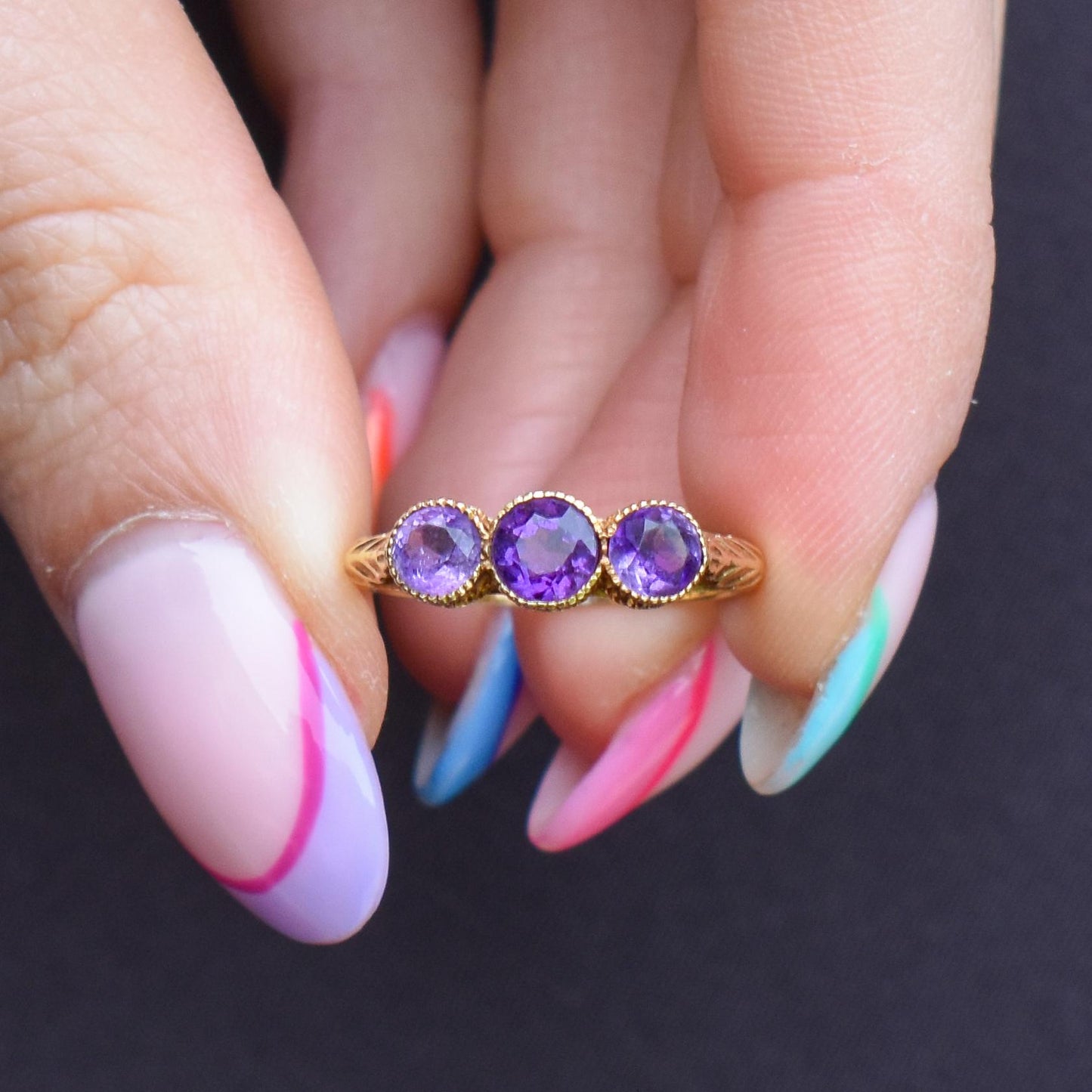 Antique Victorian Amethyst Three-Stone Scottish Thistle 18ct Gold Ring