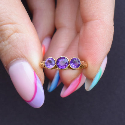 Antique Victorian Amethyst Three-Stone Scottish Thistle 18ct Gold Ring