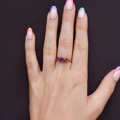 Antique Victorian Amethyst Three-Stone Scottish Thistle 18ct Gold Ring