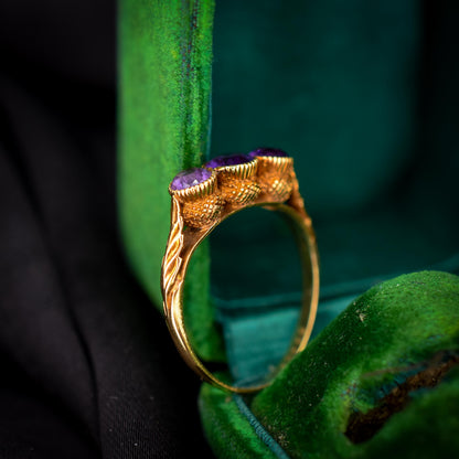 Antique Victorian Amethyst Three-Stone Scottish Thistle 18ct Gold Ring