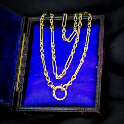 Antique 15ct Yellow Gold Trombone and Love Knot Chain Necklace with Bolt Ring | 20.5"