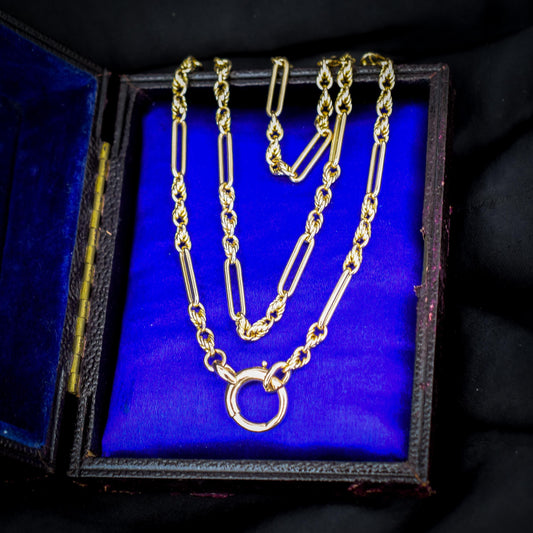 Antique 15ct Yellow Gold Trombone and Love Knot Chain Necklace with Bolt Ring | 20.5"