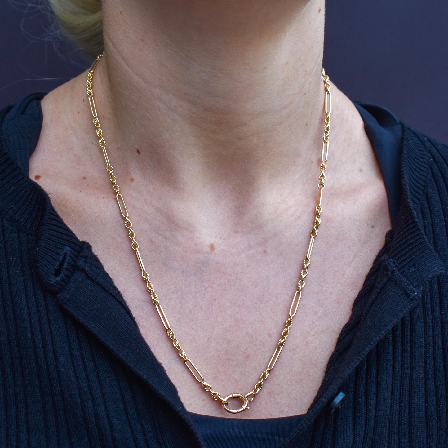 Antique 15ct Yellow Gold Trombone and Love Knot Chain Necklace with Bolt Ring | 20.5"