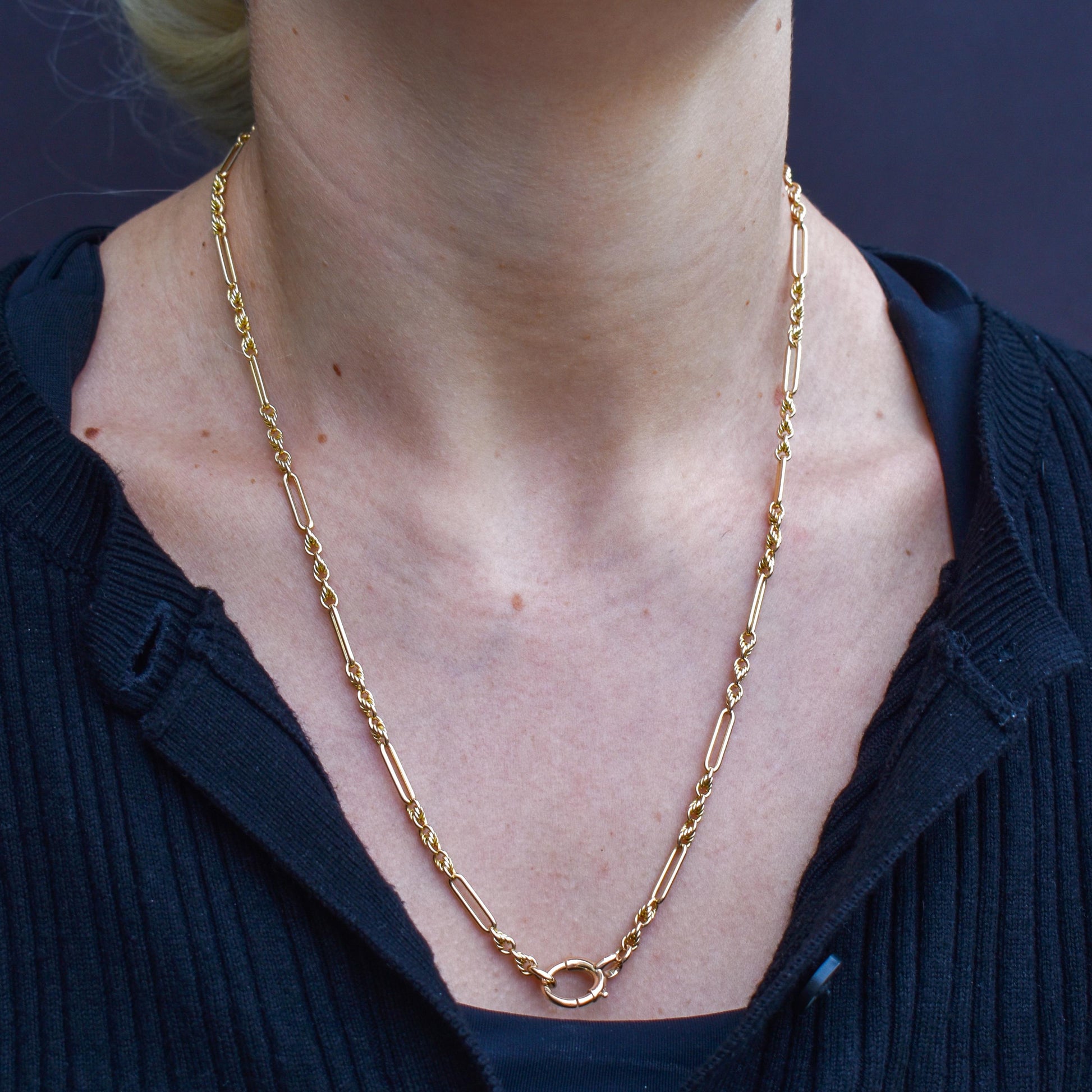 Antique 15ct Yellow Gold Trombone and Love Knot Chain Necklace with Bolt Ring | 20.5"