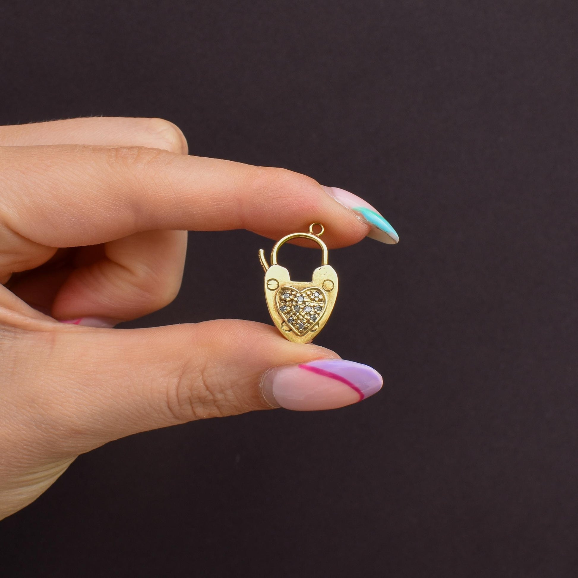 Antique '1907' 9ct Gold Diamond Heart Padlock Charm Pendant