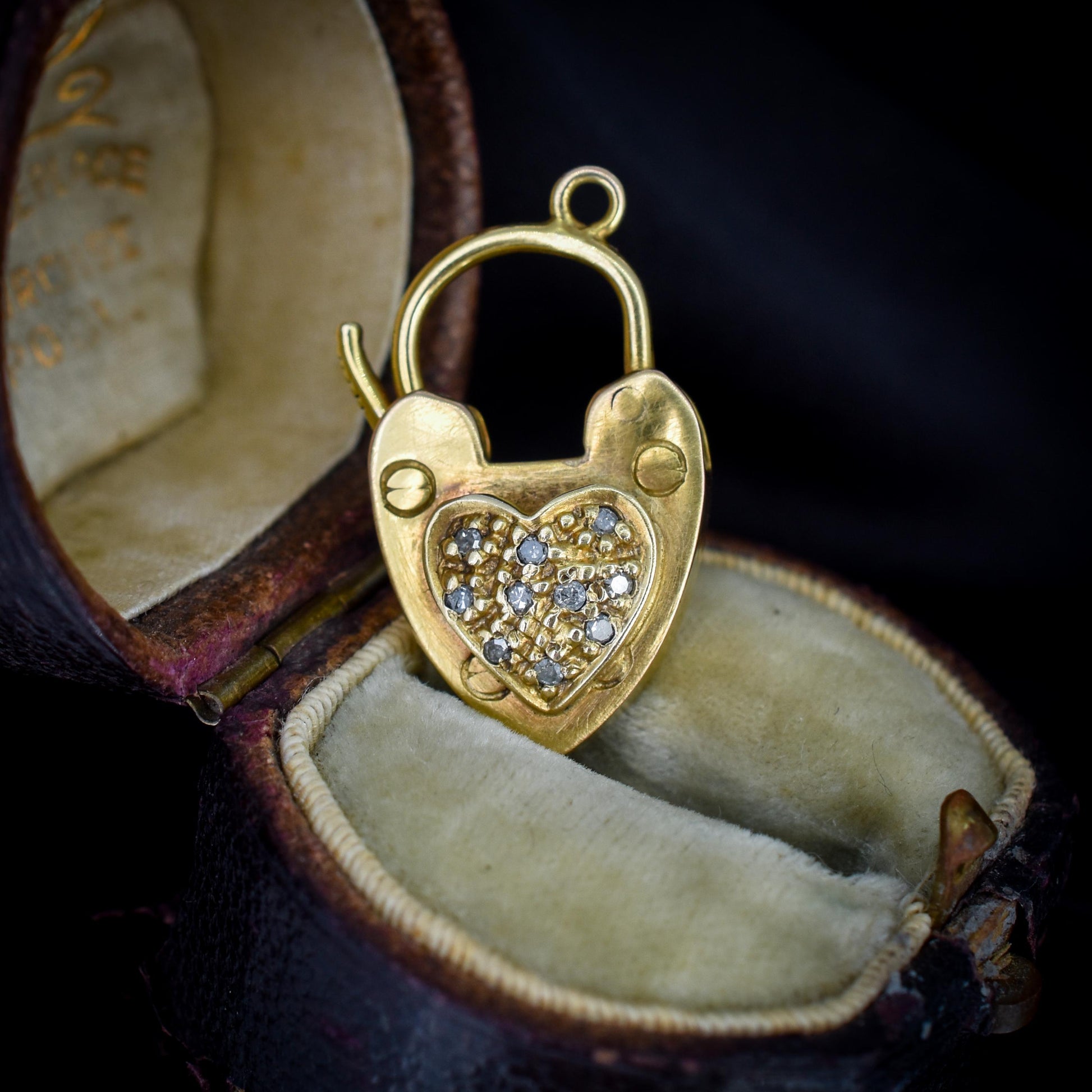 Antique '1907' 9ct Gold Diamond Heart Padlock Charm Pendant