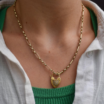 Antique '1907' 9ct Gold Diamond Heart Padlock Charm Pendant