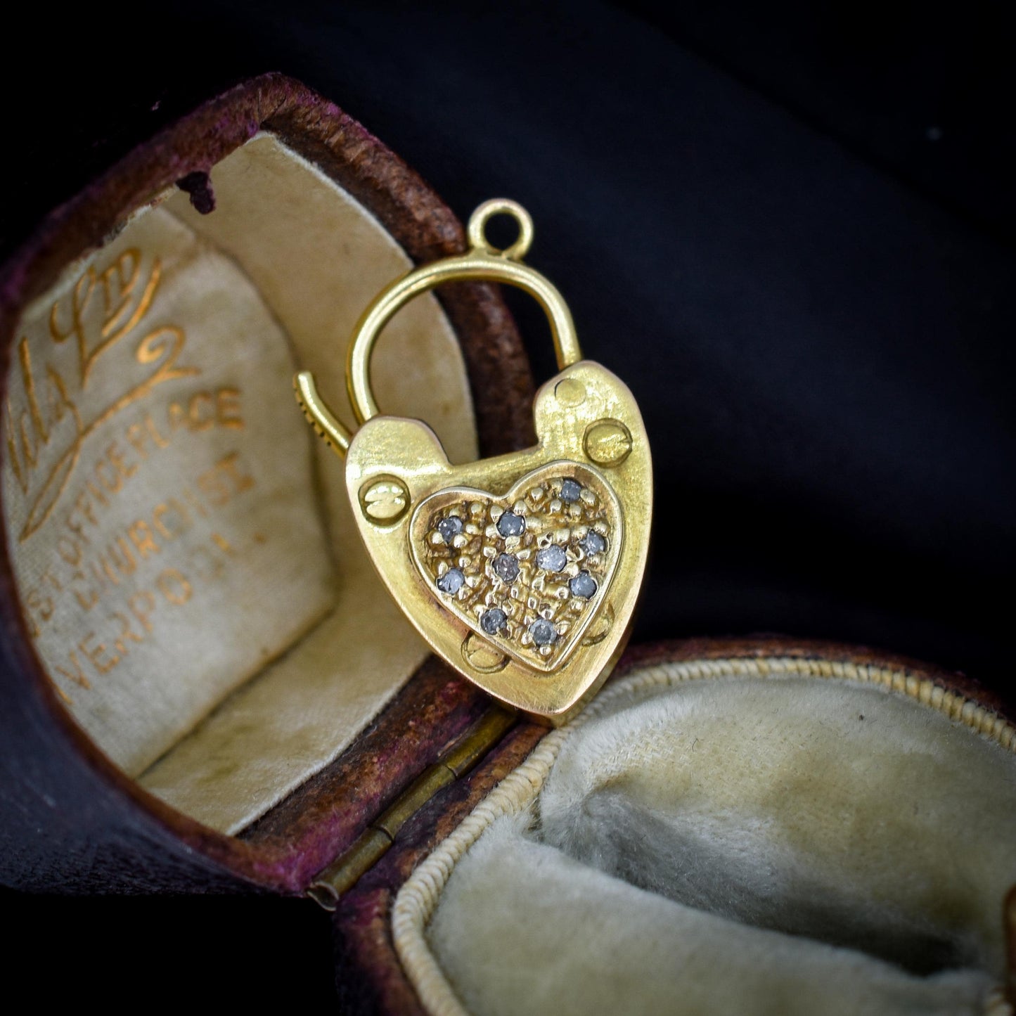 Antique '1907' 9ct Gold Diamond Heart Padlock Charm Pendant