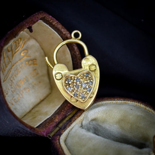 Antique '1907' 9ct Gold Diamond Heart Padlock Charm Pendant